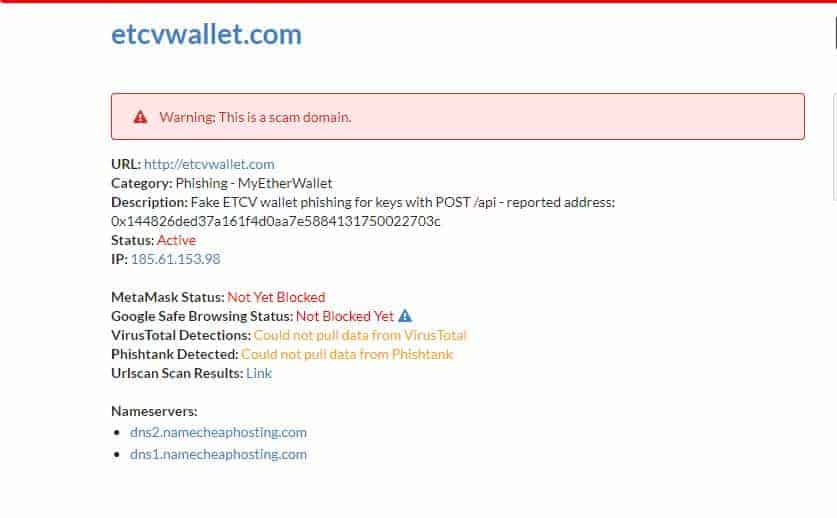 phishing waarschuwing etcvwallet
